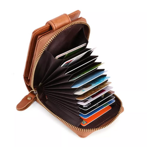 Dujiang Custom Logo Portable Business Unisex Large Capacity RFID Genuine Leather Card Holder Wallet with Zipper Coin Pouch