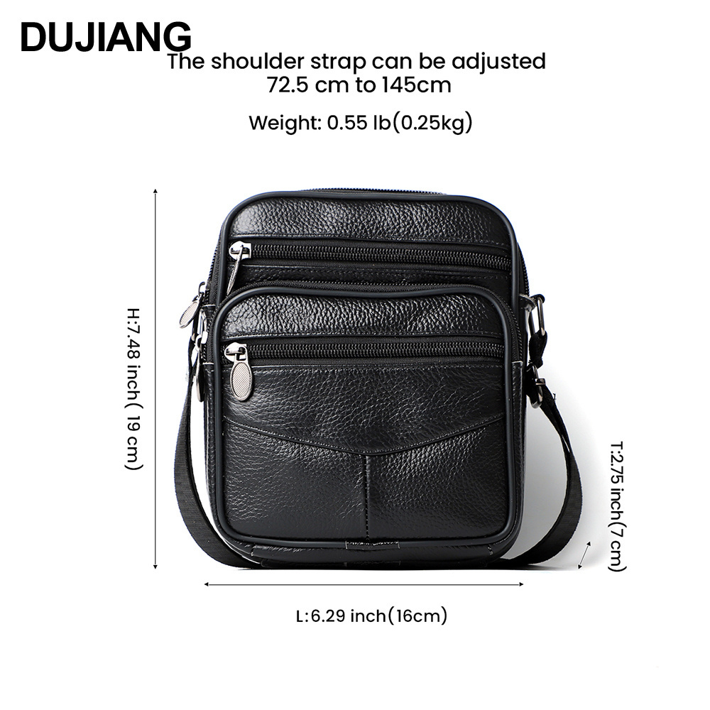 DUJIANG Fashionable Genuine Cowhide Leather Mini Crossbody Bag Vintage Style Messenger Bag with Zipper Decoration for Men