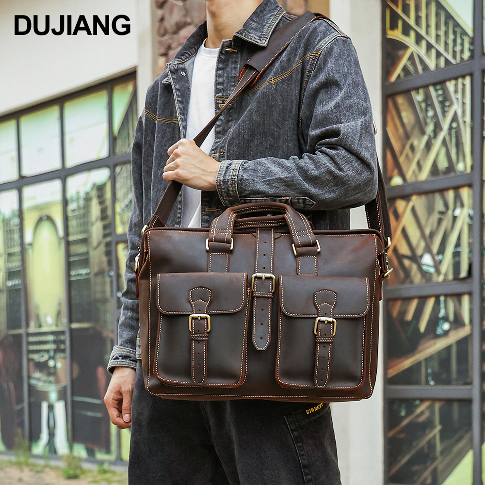 Customizable Men's Briefcases Crazy Horse Leather Business Laptop Handbags Bag For Man cowhide Leather Bags Men Briefcase