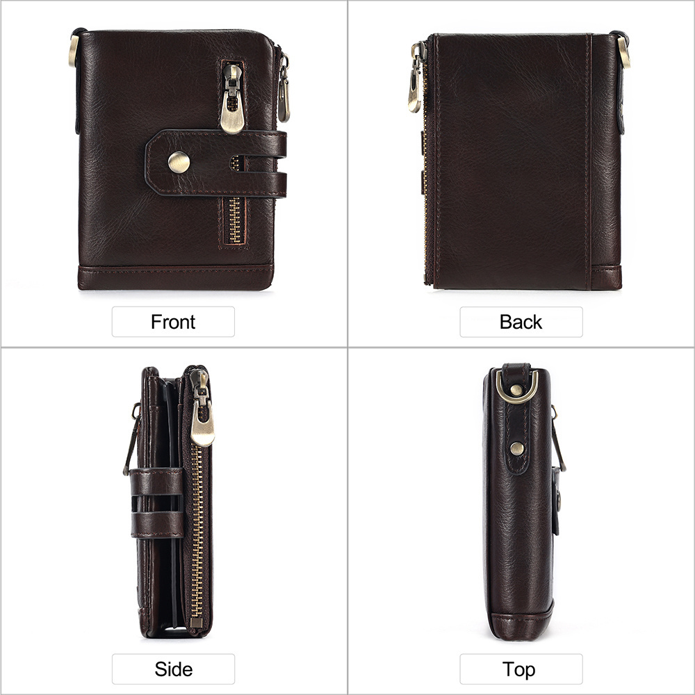 DUJIANG Genuine Leather Male Purse with Zip Coin Pocket Card Holder Wallets Small Slim RFID Cowhide Leather Wallet Men