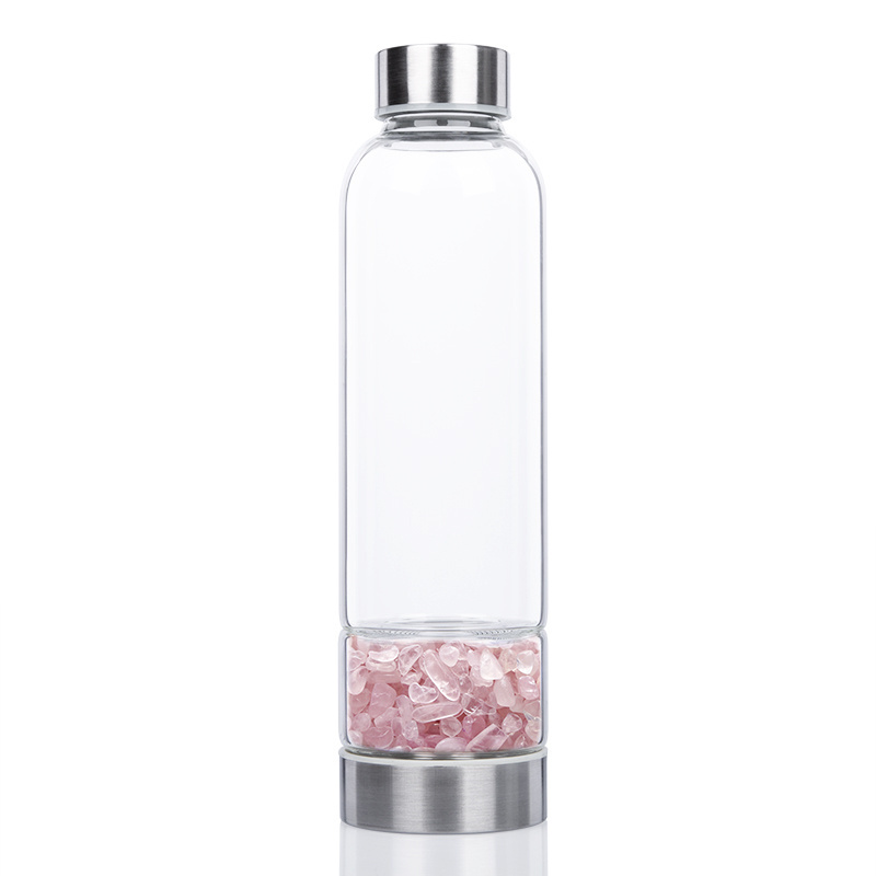 Big Factory Energy Healing Gemstone Crystal Water Bottle, Bamboo Stainless Steel Rose Quartz Hexagon Gravels Glass Water Bottle