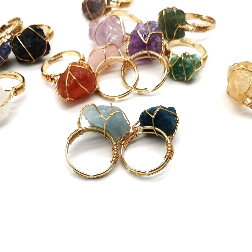 Natural Stone Irregular Wire Wrap Women Rings Healing Rough Stone Jewelry Fluorite Fashion Finger Ring