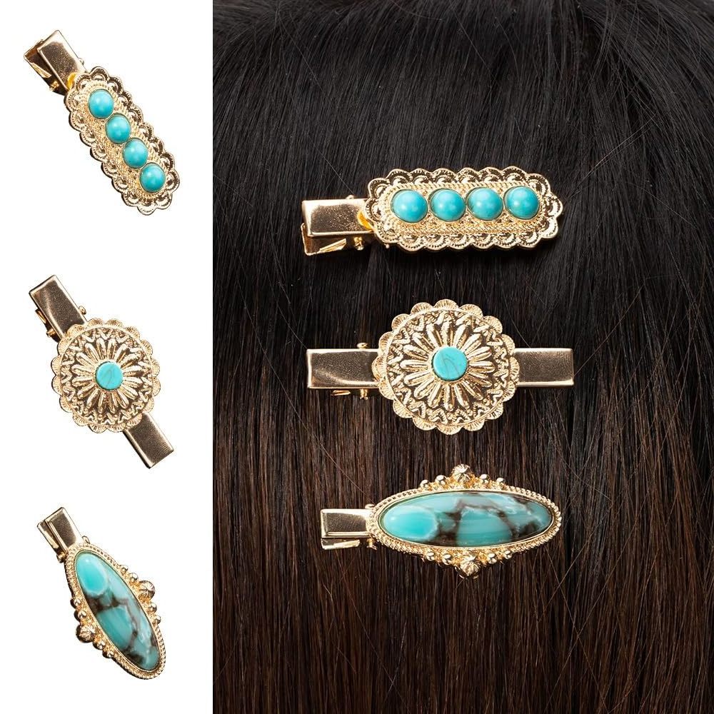 Metal Hair Clips Bobby Pin Turquoise Metal Hairpin Western Squash Blossom Gemstone Hair Clips Gift Set With Card