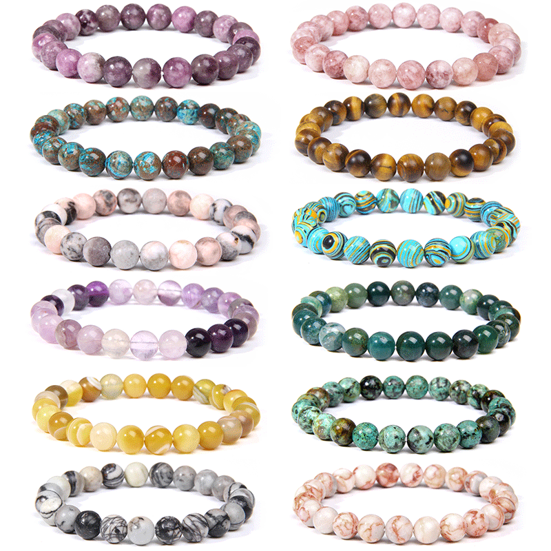 8mm Feng Shui Gemstone Assorted Genuine Natural Crystal Agate Jade Tiger Eye Rose Quartz Elastic Stone Bead Bracelet Men Women