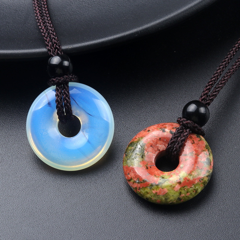 20mm Circle Donut Crystals Necklace Chakra Stone Lucky Donuts Charm Protection Quartz Pendant Necklaces for Men Women Ad