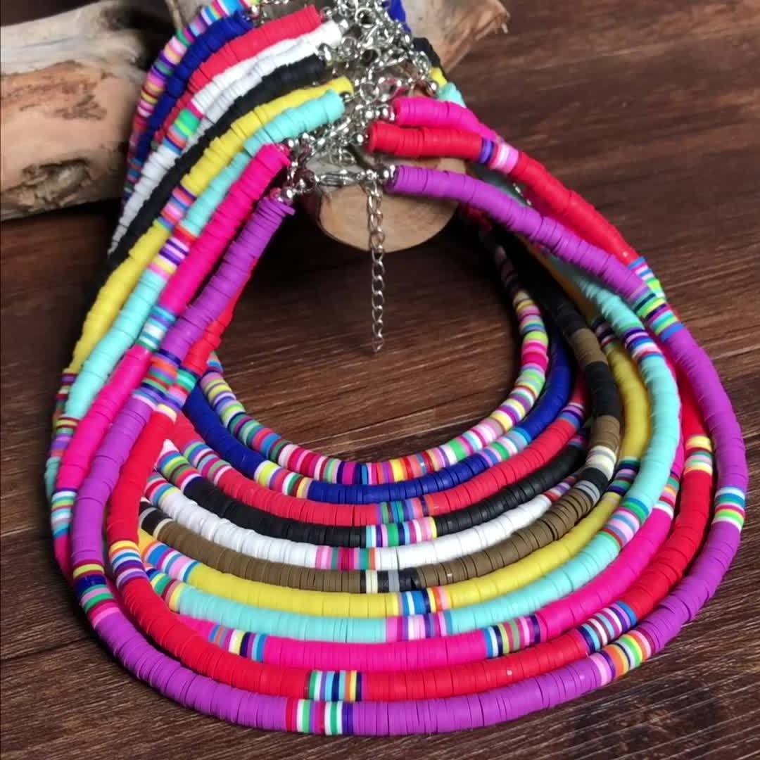 Boho Polymer Clay Choker Necklace Colorful African Vinyl Disc Beads Necklace Summer Beach Heishi Necklaces for Women Girls