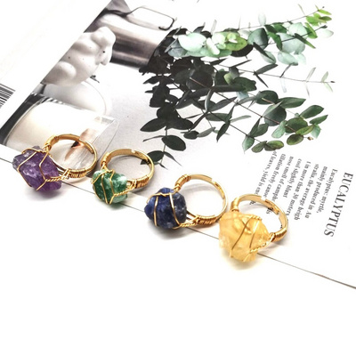 Natural Stone Irregular Wire Wrap Women Rings Healing Rough Stone Jewelry Fluorite Fashion Finger Ring