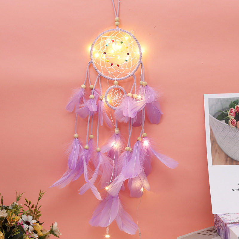 Nice Pink Dream Catchers Room Decor for Girls Handmade Feather Wall Decor with Lights Home Ornaments Craft Gift for Bedroom