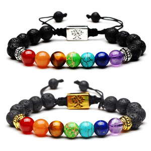 Black Lava 7 Chakra Bracelet Real Stone with Braided Rope for Women Men 8mm Beads