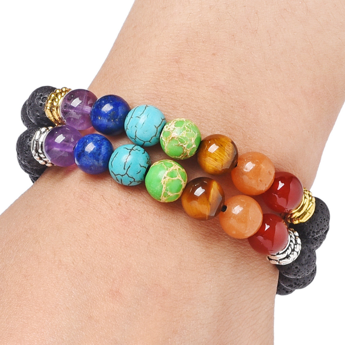 Black Lava 7 Chakra Bracelet Real Stone with Braided Rope for Women Men 8mm Beads