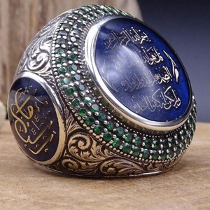 925 Thai Silver Plated Saudi Emerald Zircon Ring for Islamic Men Vintage Design Wholesale Arabic Font Rings Hand Jewelry