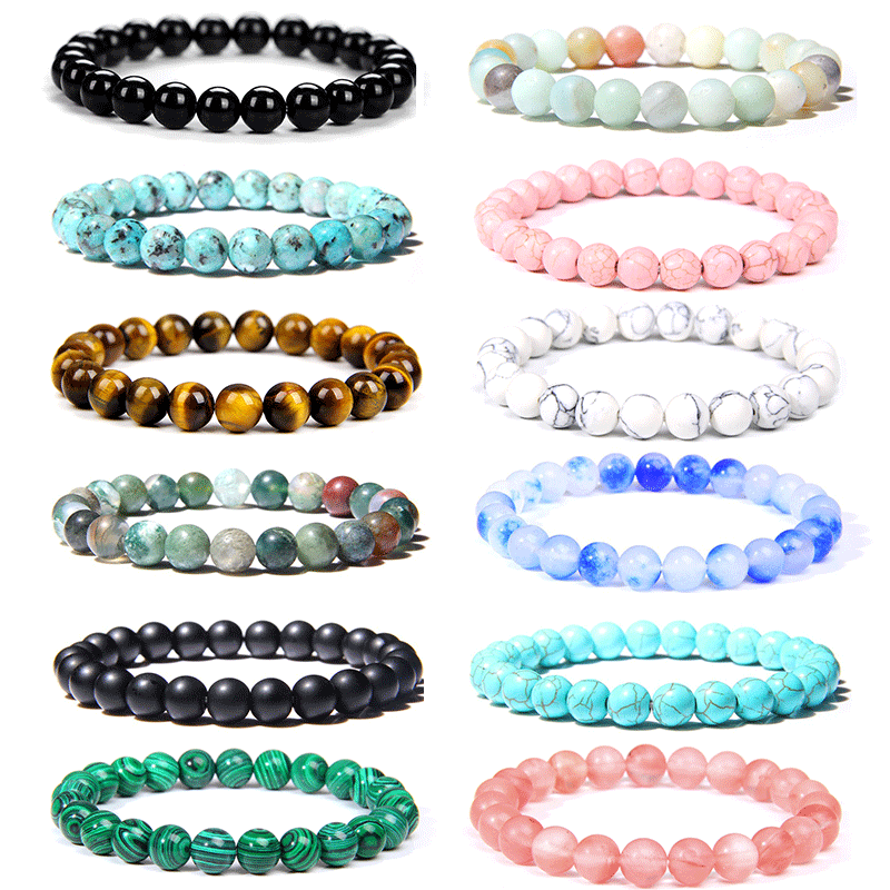 8mm Feng Shui Gemstone Assorted Genuine Natural Crystal Agate Jade Tiger Eye Rose Quartz Elastic Stone Bead Bracelet Men Women