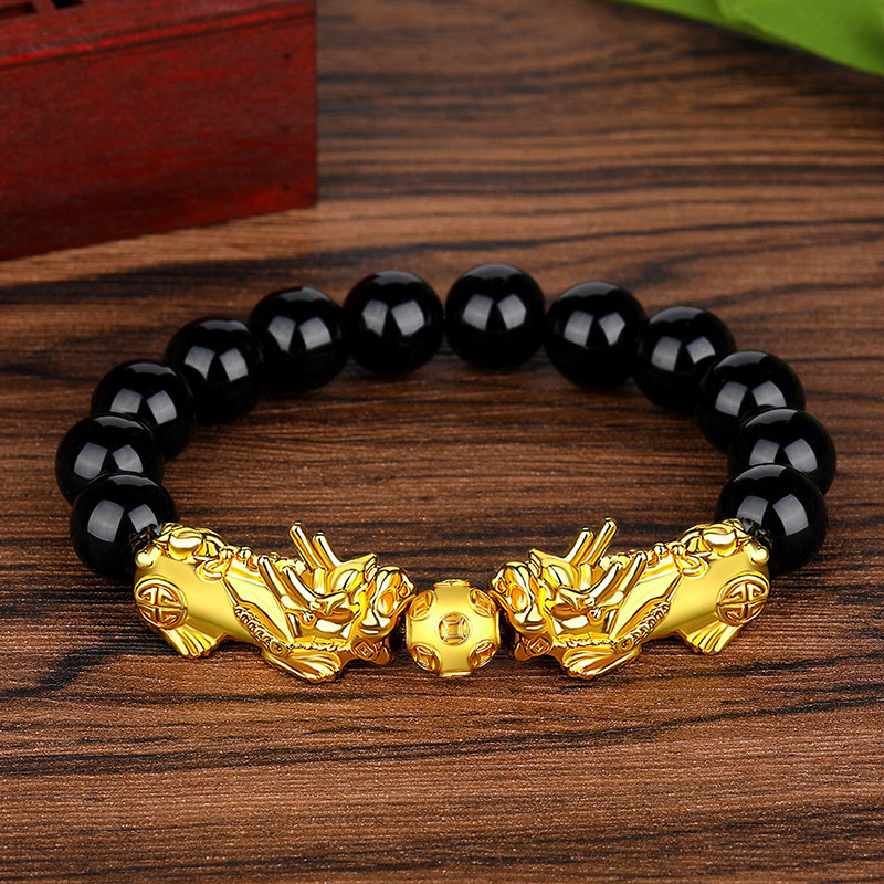 Healing pixiu charm heishi Obsidian Buddha Beads bracelet Gold Plated adjustable Wealth Feng Shui bracelet Christmas jewelry