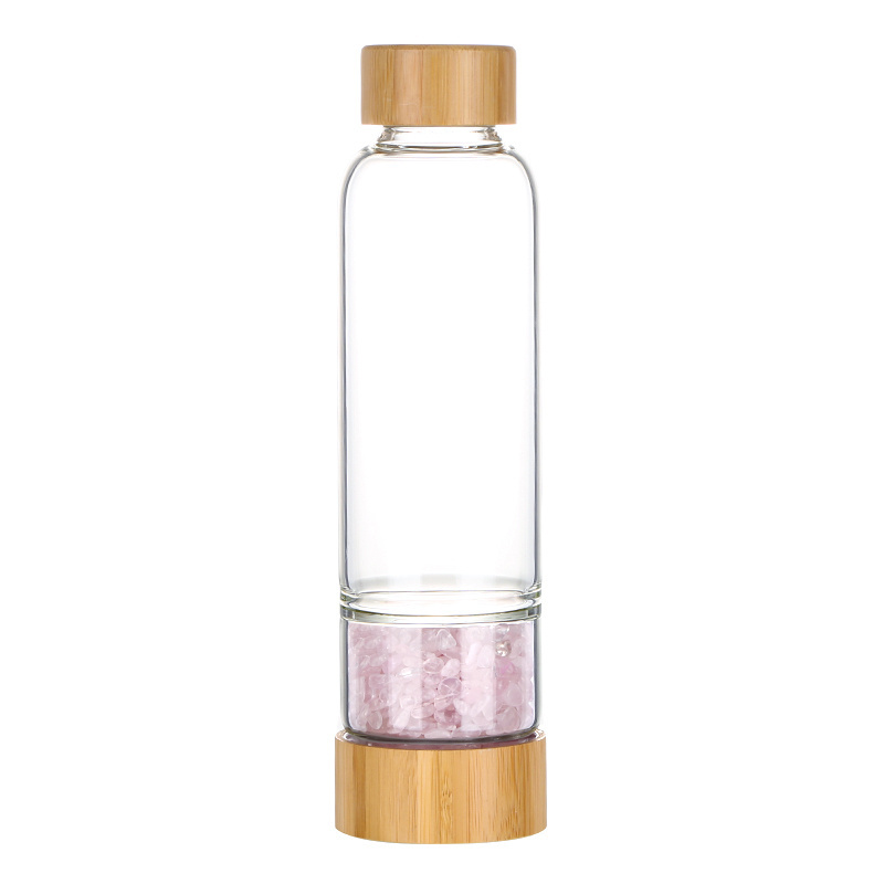 Big Factory Energy Healing Gemstone Crystal Water Bottle, Bamboo Stainless Steel Rose Quartz Hexagon Gravels Glass Water Bottle