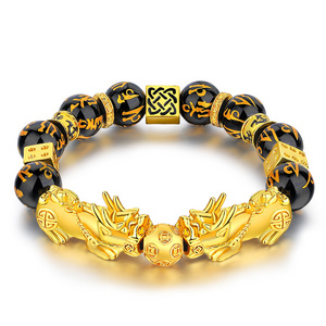 Healing pixiu charm heishi Obsidian Buddha Beads bracelet Gold Plated adjustable Wealth Feng Shui bracelet Christmas jewelry