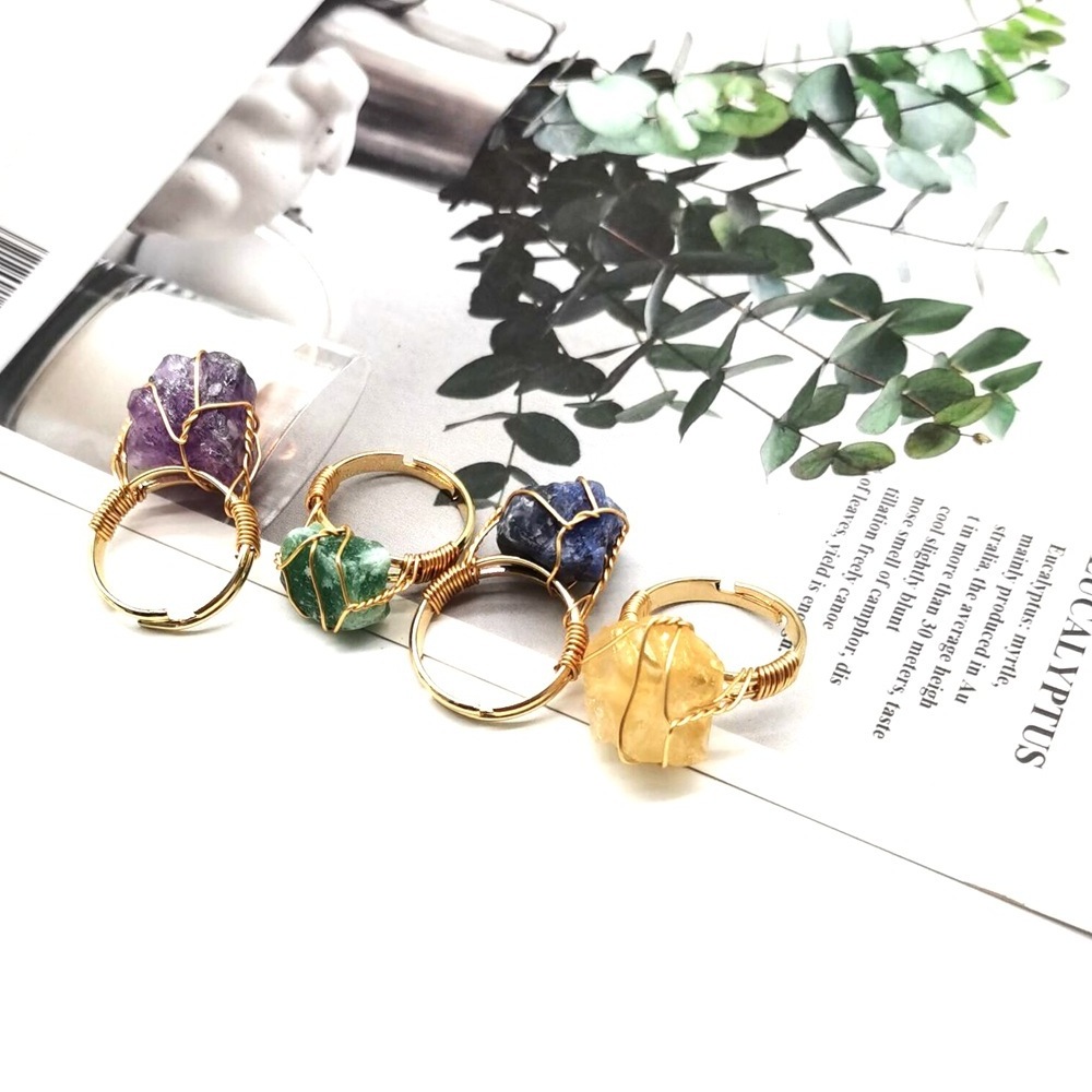 Natural Stone Irregular Wire Wrap Women Rings Healing Rough Stone Jewelry Fluorite Fashion Finger Ring