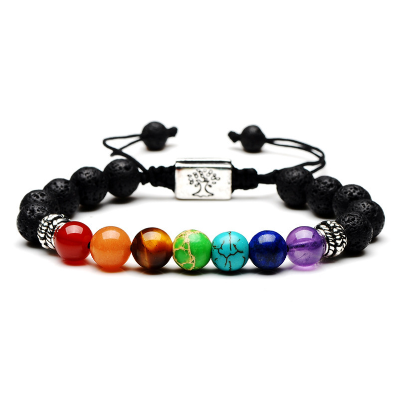 Black Lava 7 Chakra Bracelet Real Stone with Braided Rope for Women Men 8mm Beads