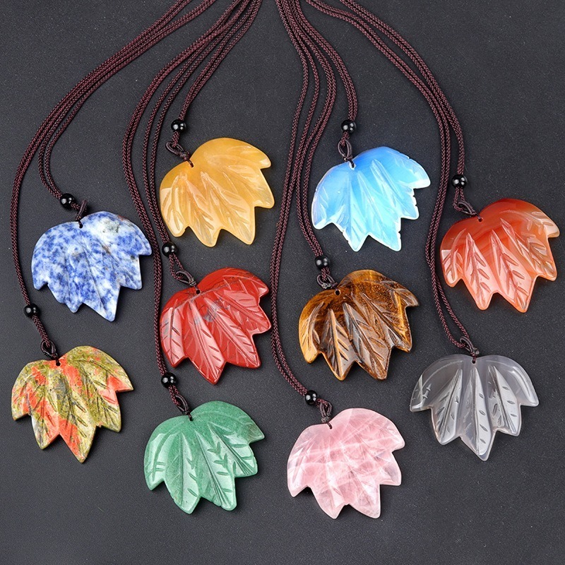 Natural Stone Pendants Maple Leaf Shape Healing Crystal Agate Stone Pendant Necklaces For Women Men Gifts