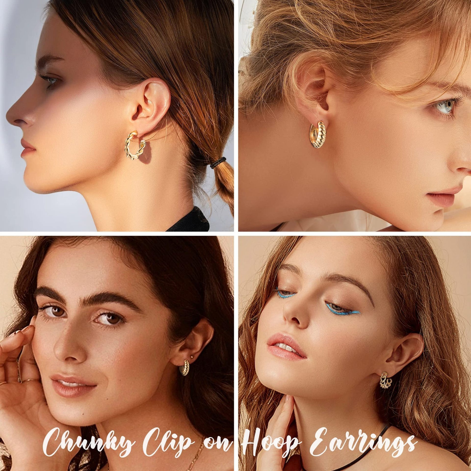 9Pairs Gold Clip on Hoop Earrings Retro Clip on Earrings Twist Triple Square Chunky Hoop Geometry Piercing Fake Earrings