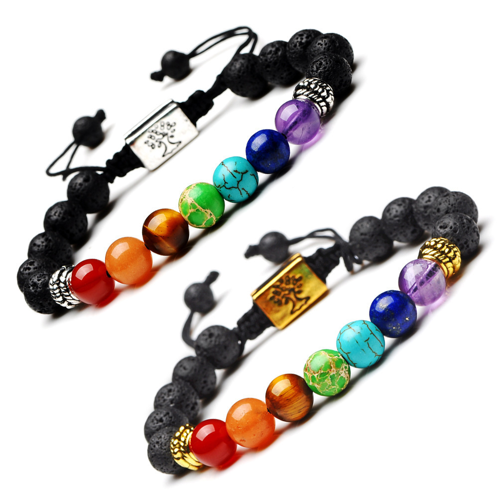 Black Lava 7 Chakra Bracelet Real Stone with Braided Rope for Women Men 8mm Beads