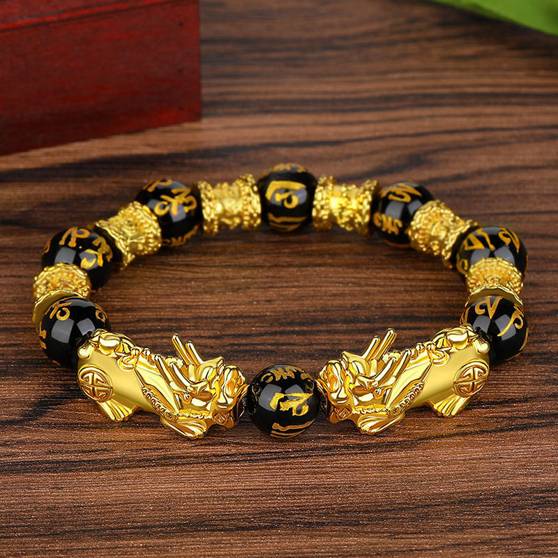 Healing pixiu charm heishi Obsidian Buddha Beads bracelet Gold Plated adjustable Wealth Feng Shui bracelet Christmas jewelry