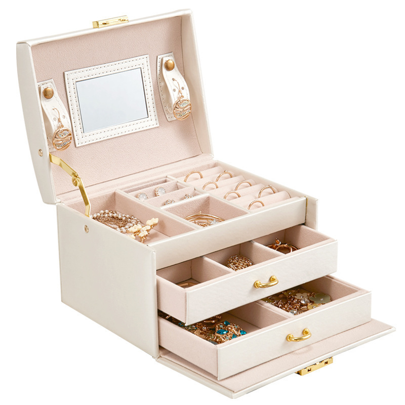 Multi-function 3 layer Velvet Jewelry Box Display Storage with Lock  Mirror for Necklace ring Custom PU Leather Large volume box