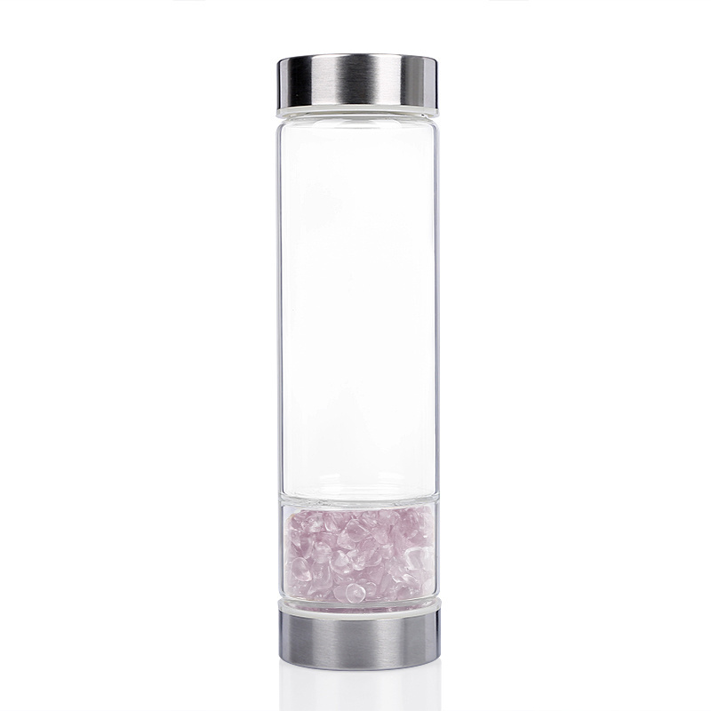 Big Factory Energy Healing Gemstone Crystal Water Bottle, Bamboo Stainless Steel Rose Quartz Hexagon Gravels Glass Water Bottle