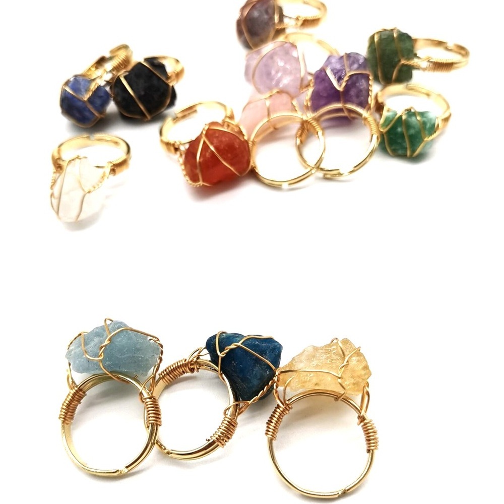 Natural Stone Irregular Wire Wrap Women Rings Healing Rough Stone Jewelry Fluorite Fashion Finger Ring