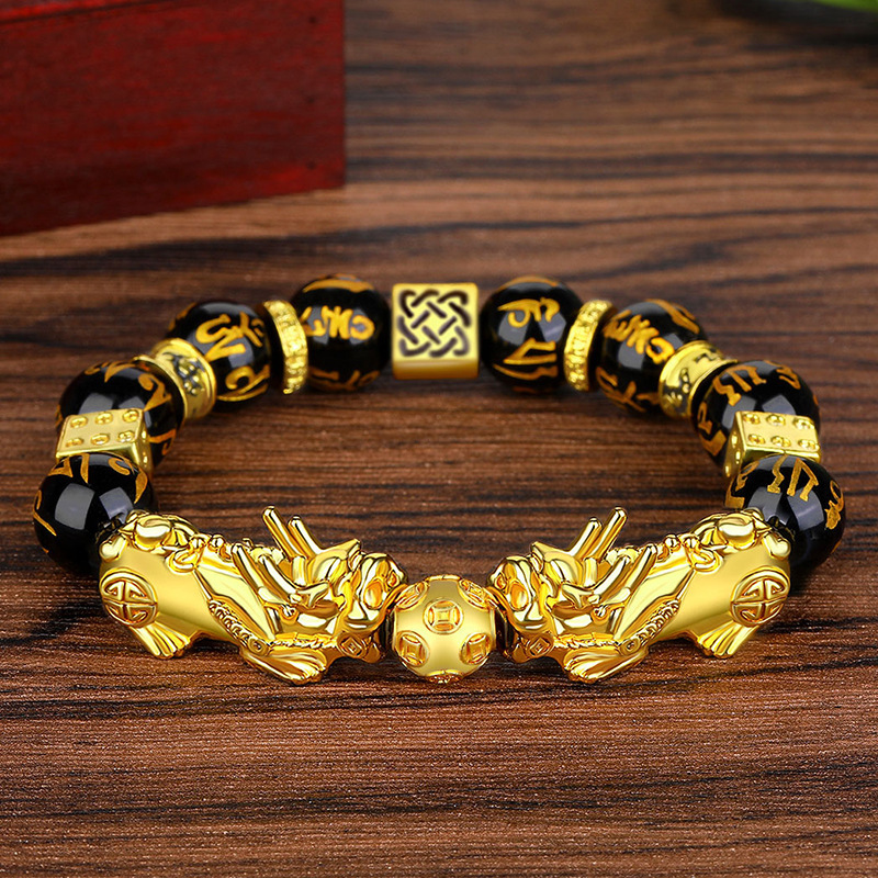 Healing pixiu charm heishi Obsidian Buddha Beads bracelet Gold Plated adjustable Wealth Feng Shui bracelet Christmas jewelry