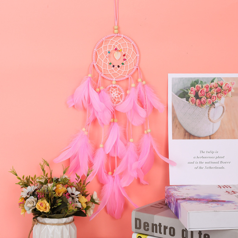 Nice Pink Dream Catchers Room Decor for Girls Handmade Feather Wall Decor with Lights Home Ornaments Craft Gift for Bedroom