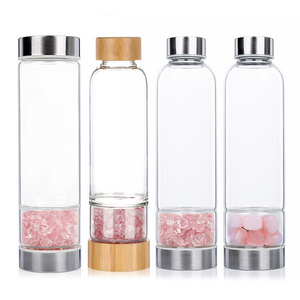 Big Factory Energy Healing Gemstone Crystal Water Bottle, Bamboo Stainless Steel Rose Quartz Hexagon Gravels Glass Water Bottle