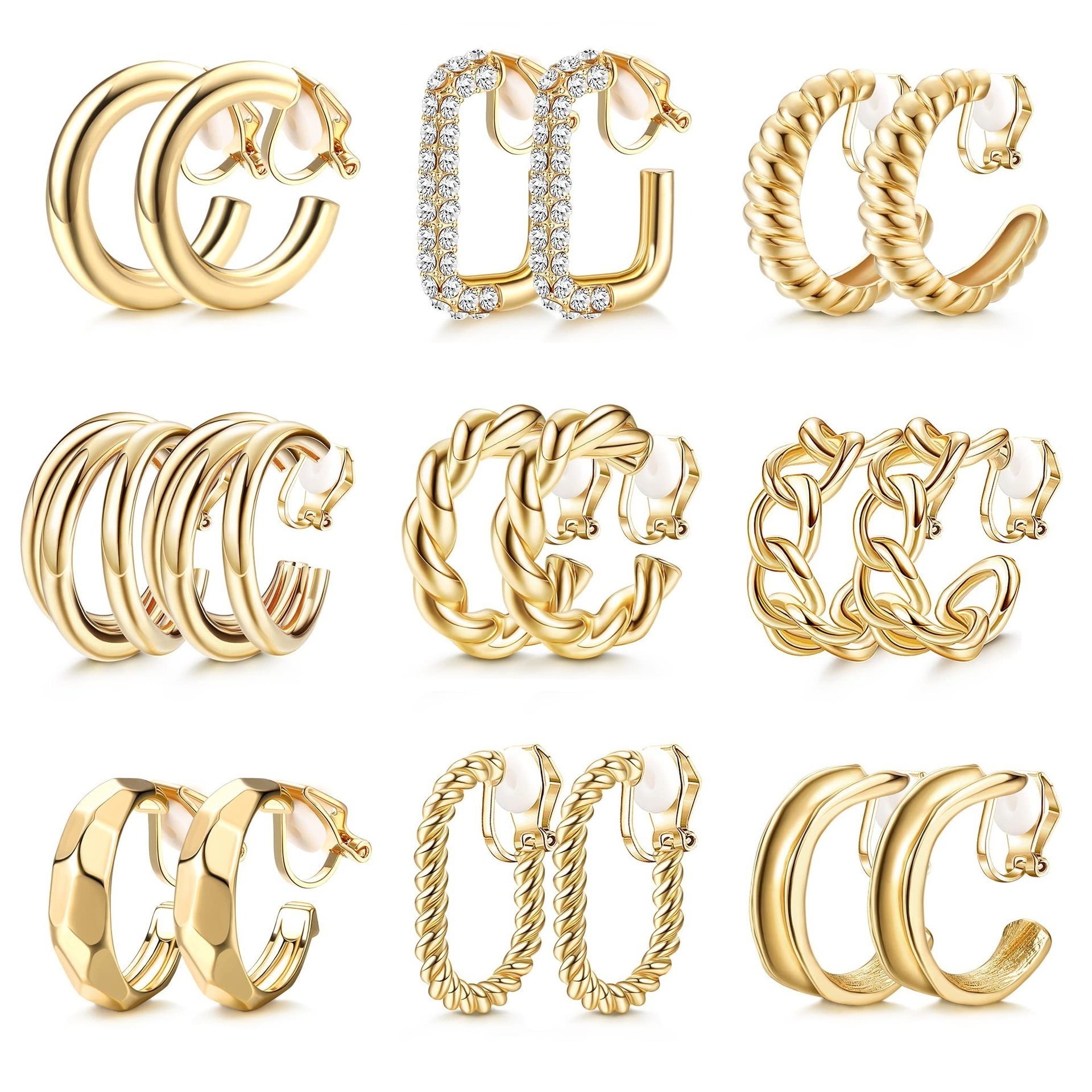 9Pairs Gold Clip on Hoop Earrings Retro Clip on Earrings Twist Triple Square Chunky Hoop Geometry Piercing Fake Earrings