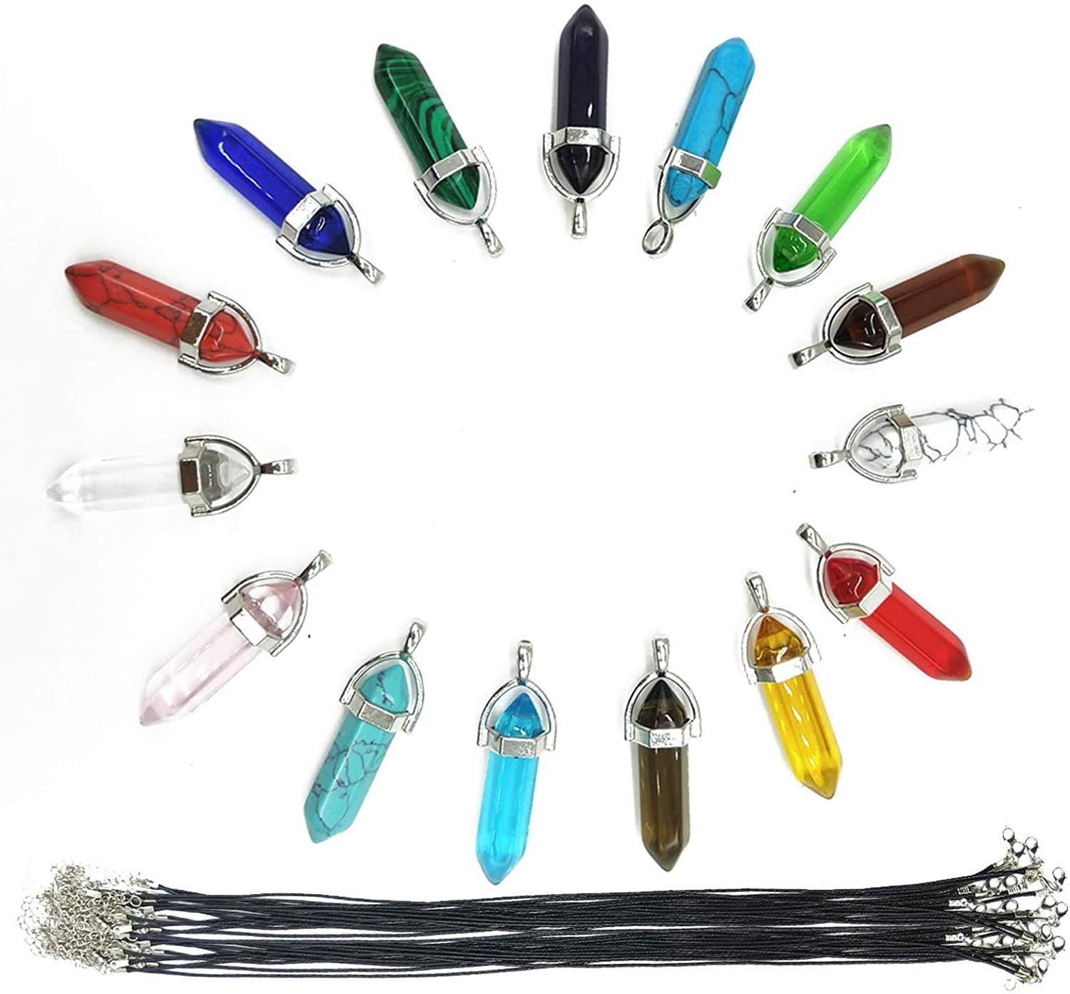 DIY Bullet Shape Healing Point Chakra Crystals Stone for Pendant Necklace Jewelry Making with Black Leather Necklace Chain