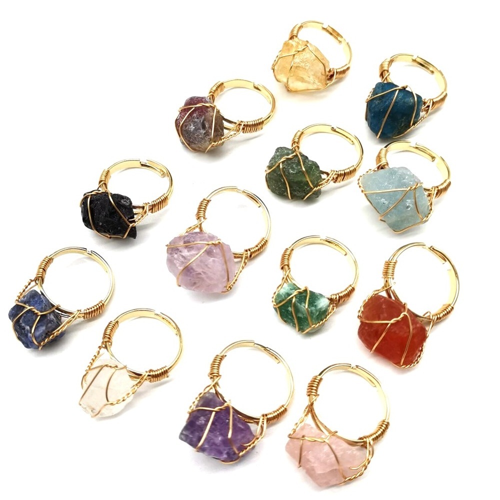 Natural Stone Irregular Wire Wrap Women Rings Healing Rough Stone Jewelry Fluorite Fashion Finger Ring