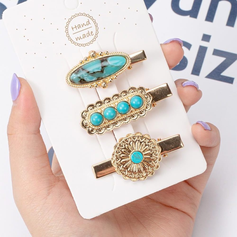 Metal Hair Clips Bobby Pin Turquoise Metal Hairpin Western Squash Blossom Gemstone Hair Clips Gift Set With Card