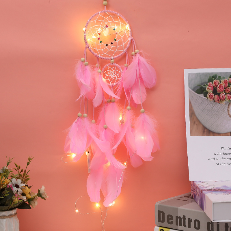 Nice Pink Dream Catchers Room Decor for Girls Handmade Feather Wall Decor with Lights Home Ornaments Craft Gift for Bedroom