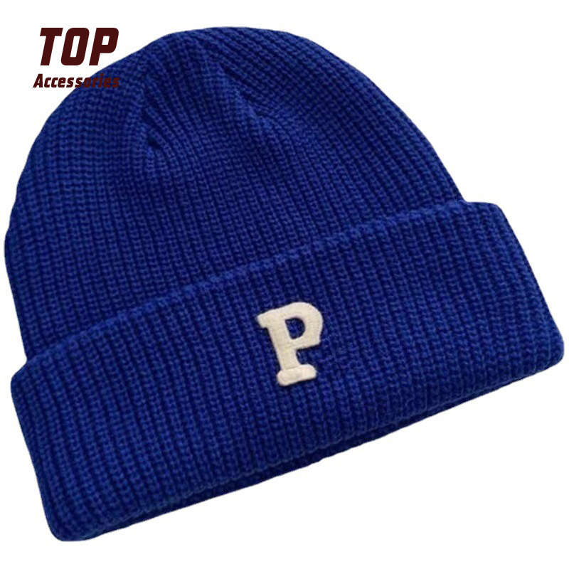 Solid Color Casual Knitted Acrylic Caps with Letter P Winter Caps for Girl