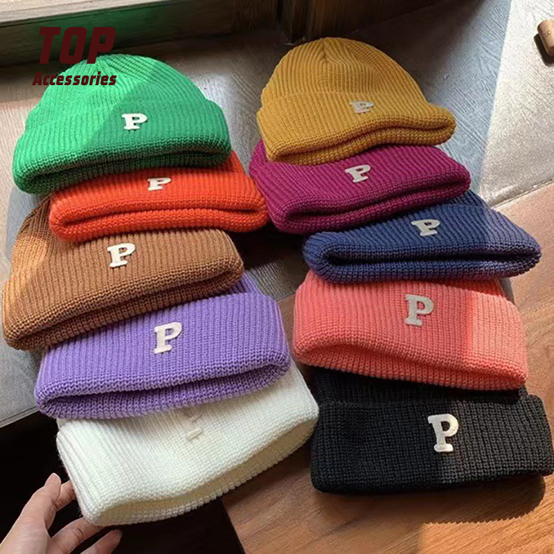 Solid Color Casual Knitted Acrylic Caps with Letter P Winter Caps for Girl