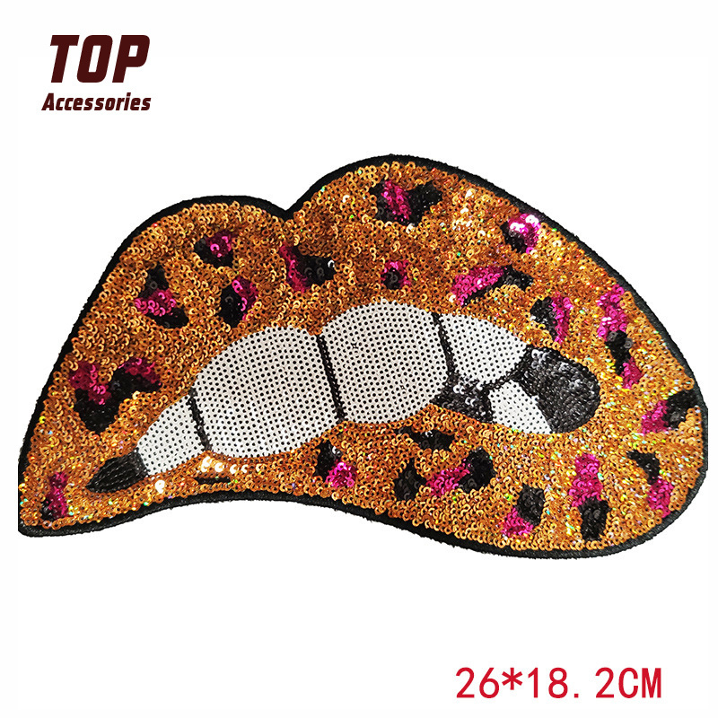 Large Red Lip Leopard Sequin Patches Sexy Sequin Patches Embroidered Iron on for Clothing