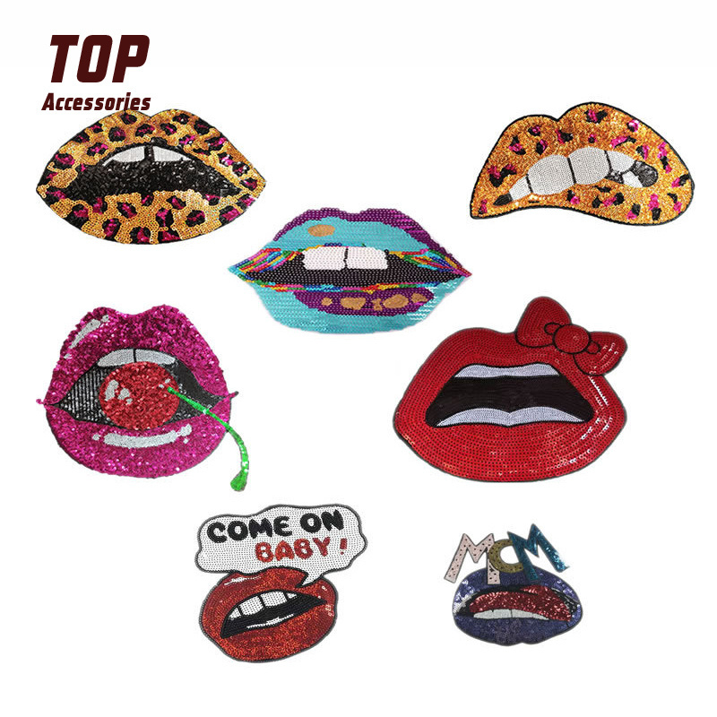 Large Red Lip Leopard Sequin Patches Sexy Sequin Patches Embroidered Iron on for Clothing