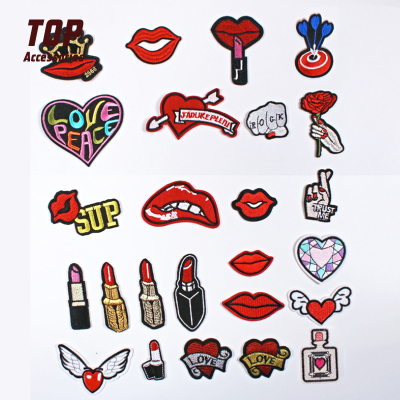 Hot Sale Custom Women Sexy Red Pink Color Kiss Mouth Lips Lipstick Heart-shaped Embroidery Patches Iron On Patches For Clothes