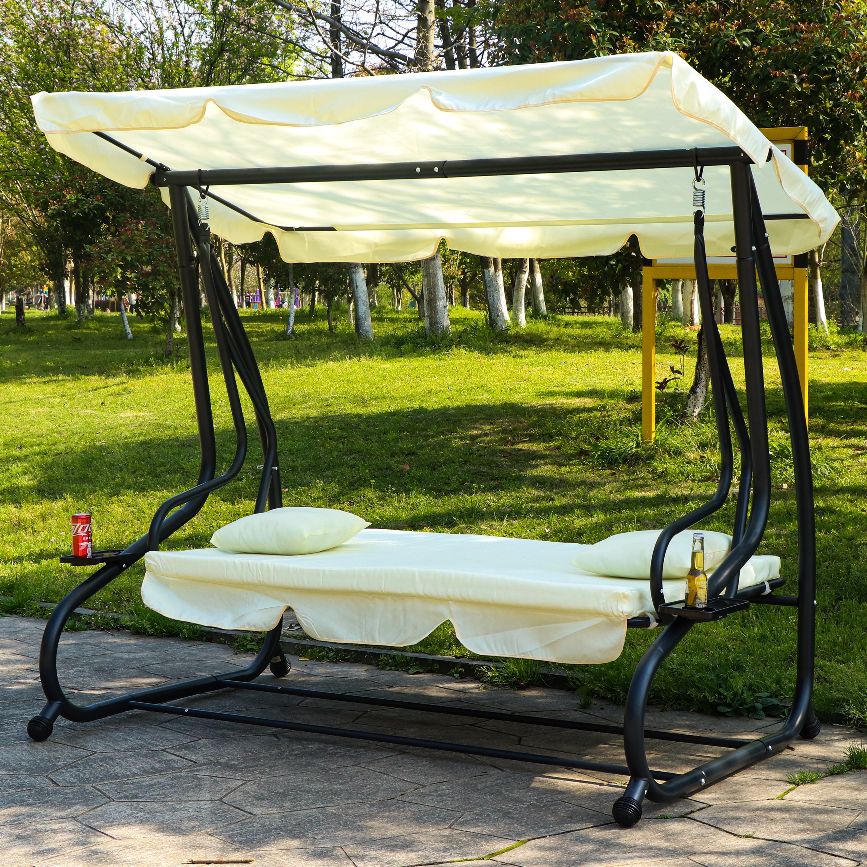 outdoor patio 2 IN 1 garden swing chair and bed adult 3 people swing chair with tea tray