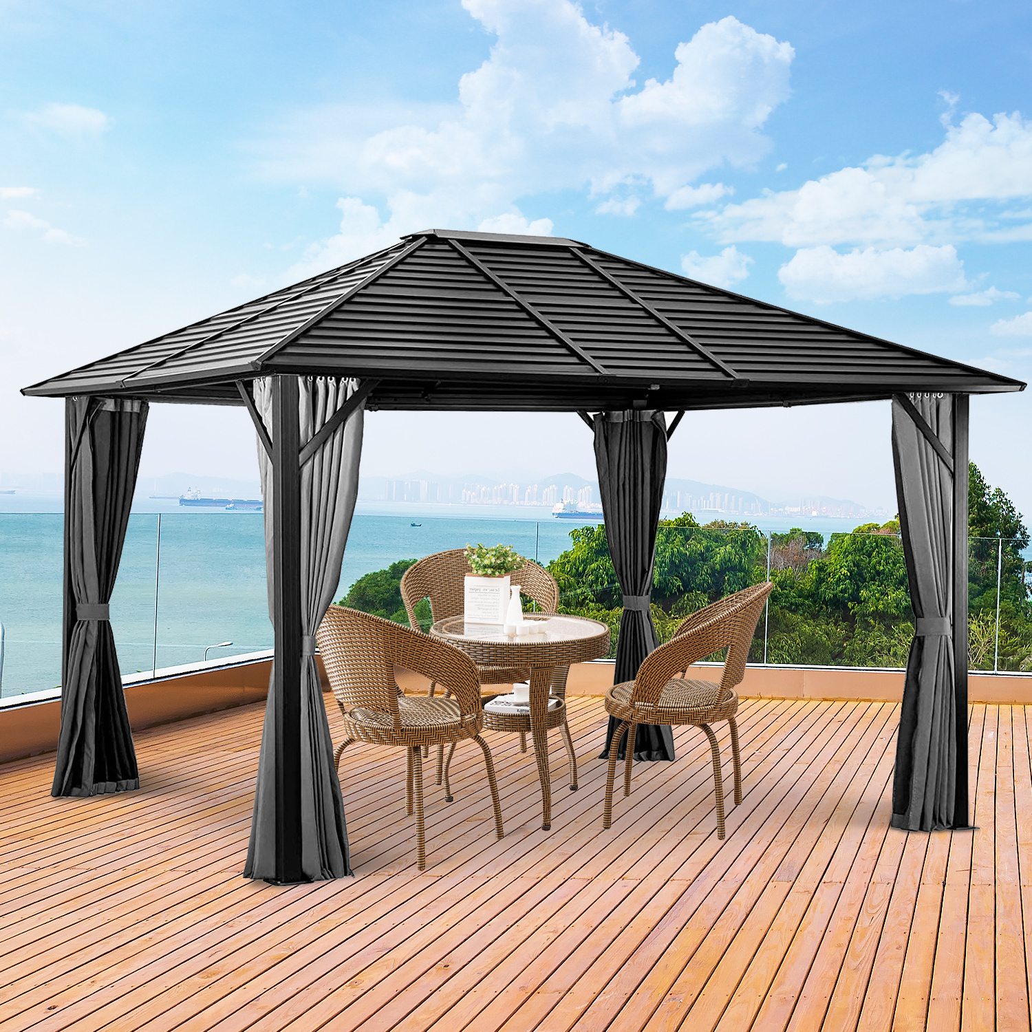 10*12ft.Hardtop Gazebo Canopy with Galvanized Steel Roof Permanent Pavilion Outdoor Gazebo with Netting