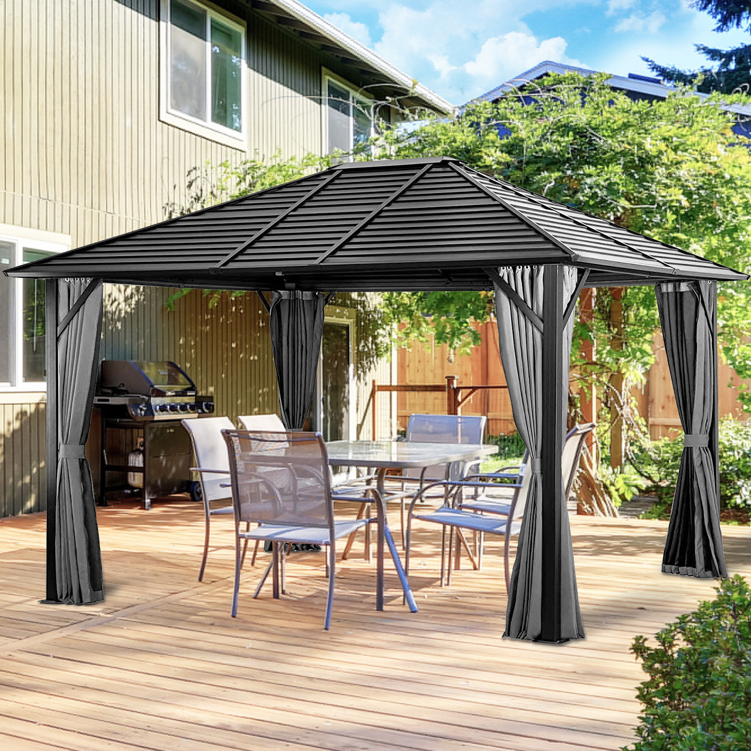 10*12ft.Hardtop Gazebo Canopy with Galvanized Steel Roof Permanent Pavilion Outdoor Gazebo with Netting