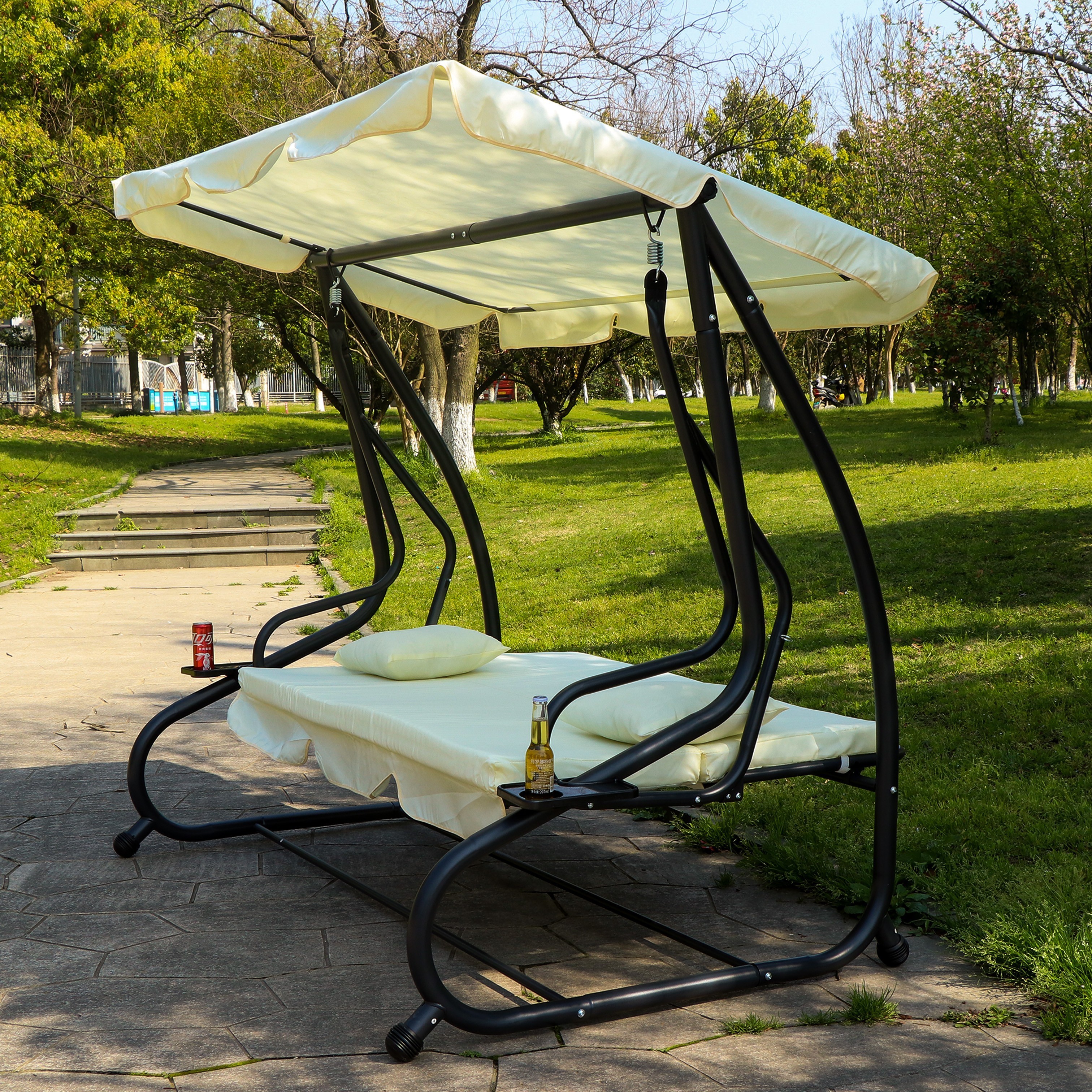 outdoor patio 2 IN 1 garden swing chair and bed adult 3 people swing chair with tea tray