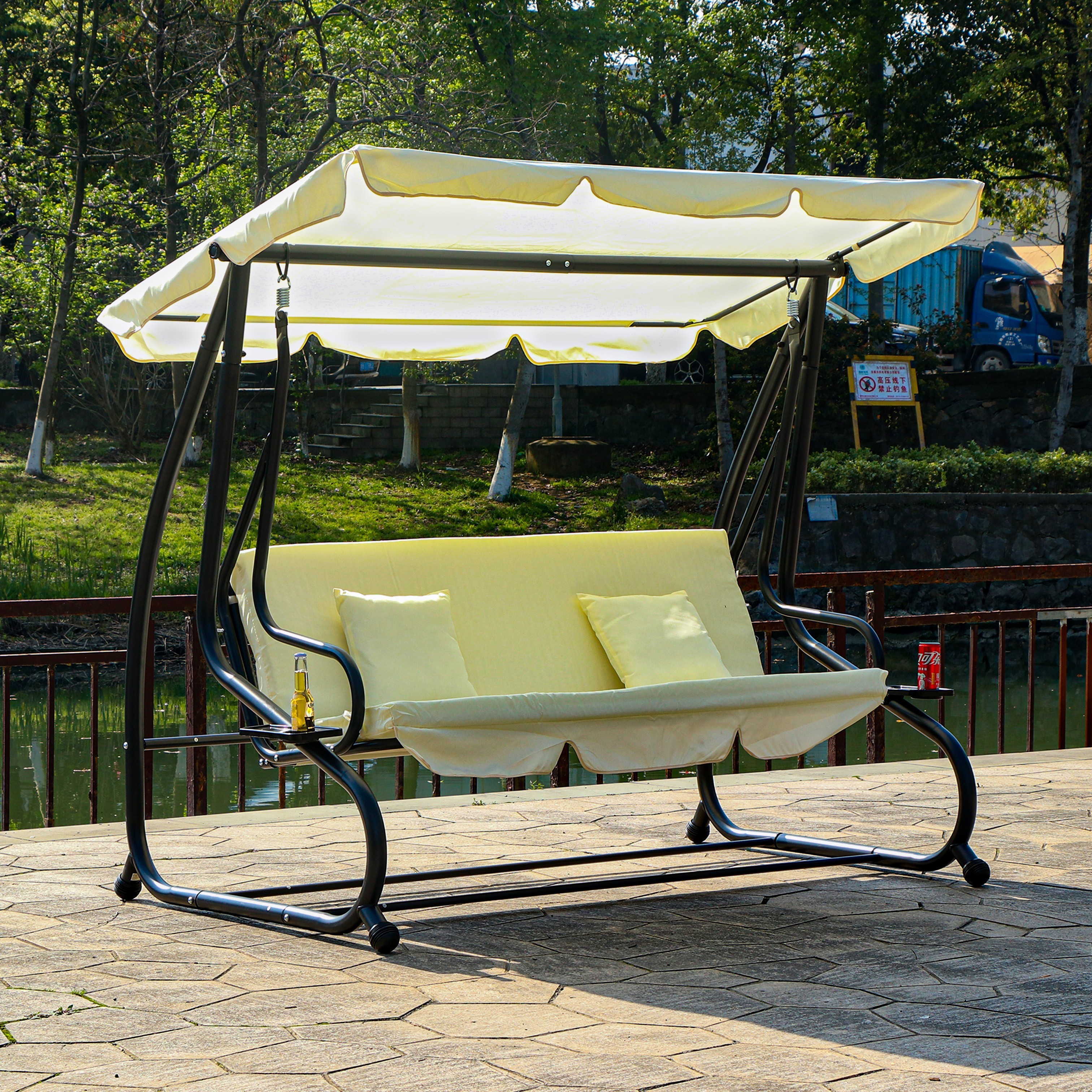 outdoor patio 2 IN 1 garden swing chair and bed adult 3 people swing chair with tea tray