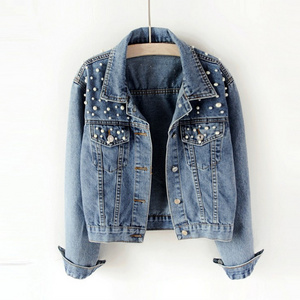 2023Hot Selling Custom Women Pearl Denim Jacket Beaded Jackets Loose And Thin New Short Style Wedding Denim Coat