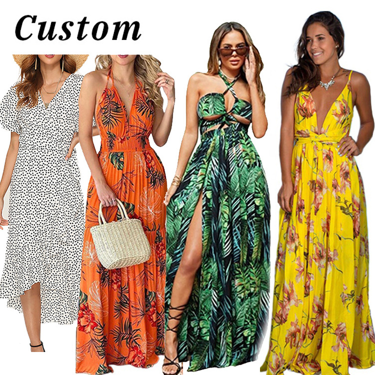 Custom Wholesale Women Dress Floral Print Casual Sundress Ladies Loose Long Dresses Maxi Beach Dress For Woman