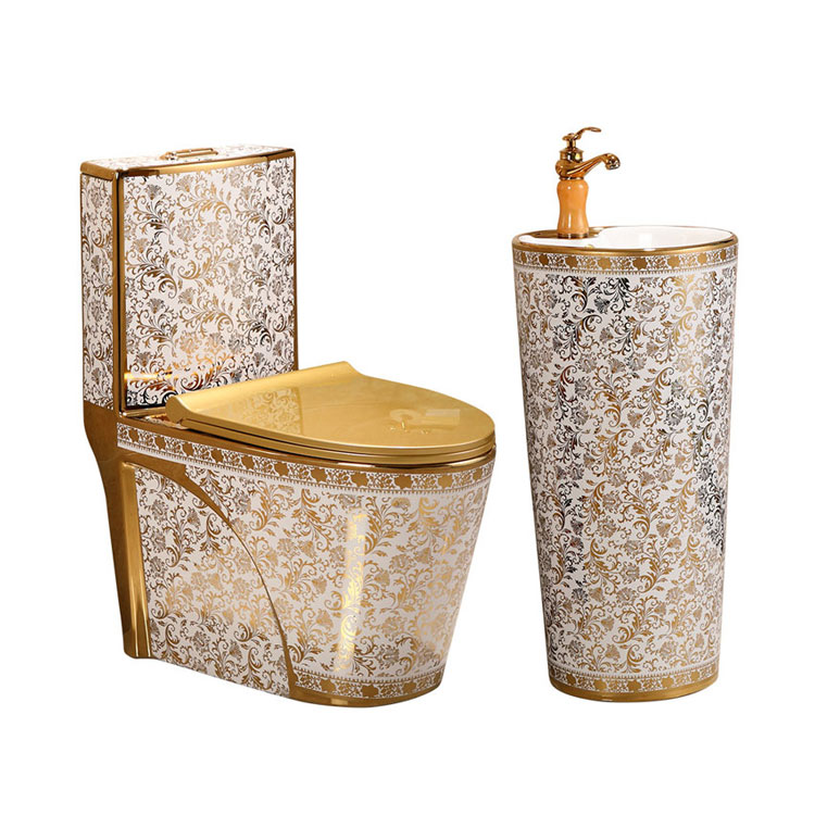 Royal design sanitary ware pedestal basin one piece gold plate toilet set luxury ceramic color toilet bowl golden toilet