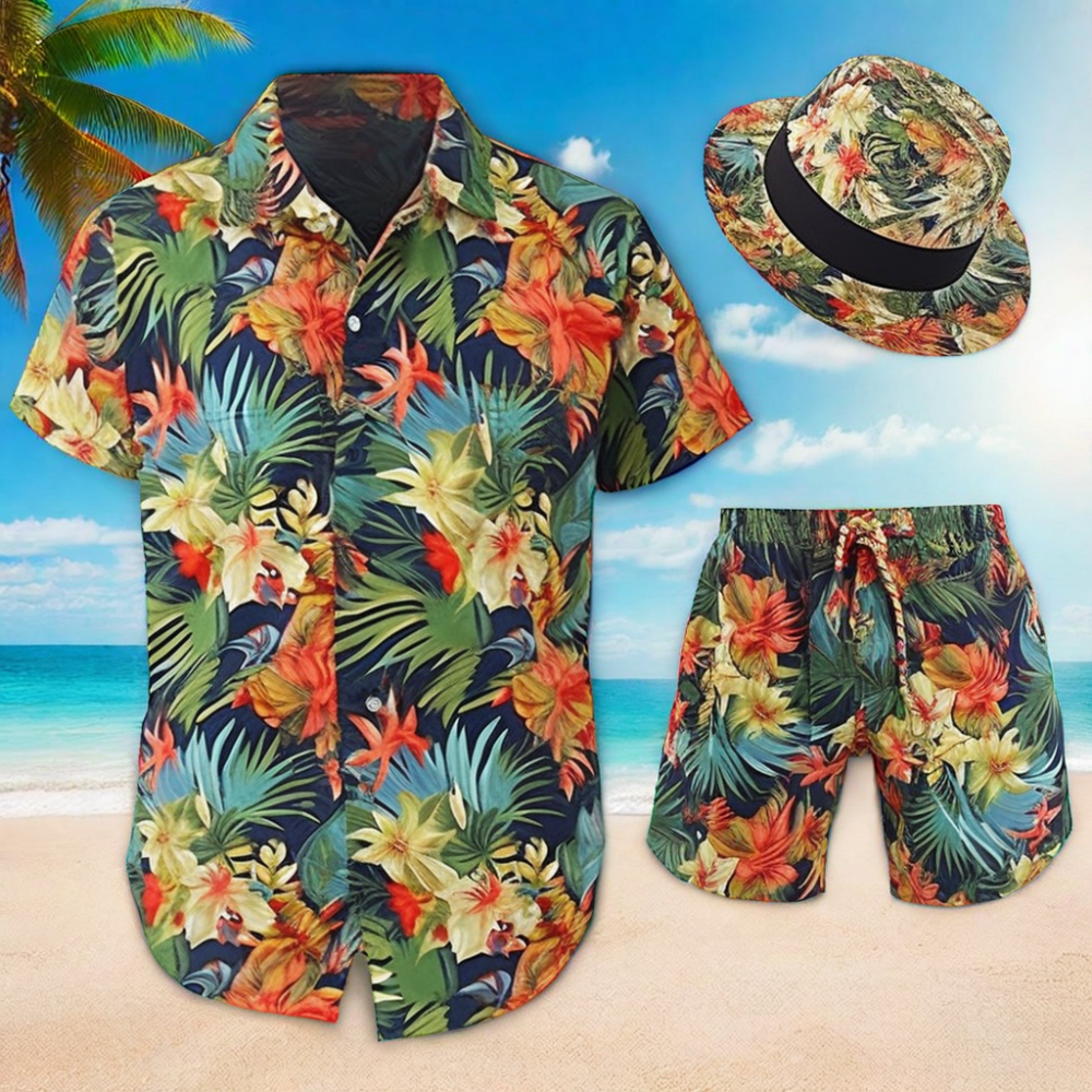 New Summer beach shirts men loose shirt Hawaiian men's shirts short two piece set with fishing hat